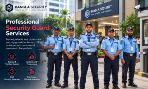professional security guards at modern entrance